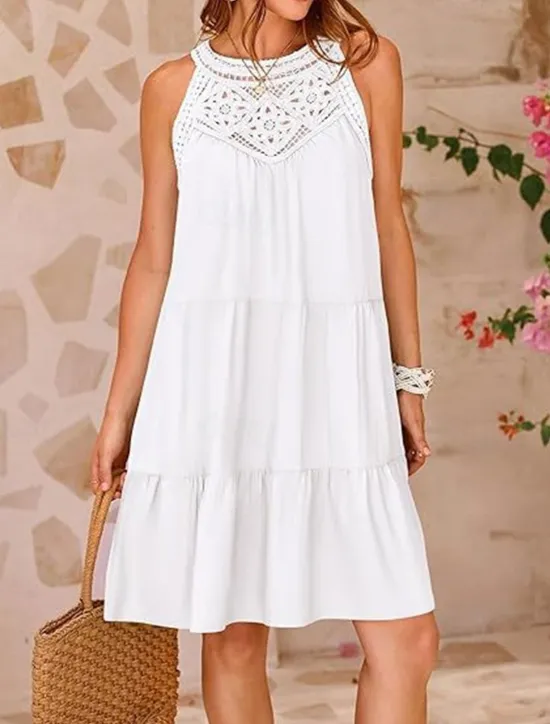 Hot Women's Casual Dress Mini Dress Lace Ruffle Date Streetwear V Neck Sleeveless Black White Red Color Women Sundresses