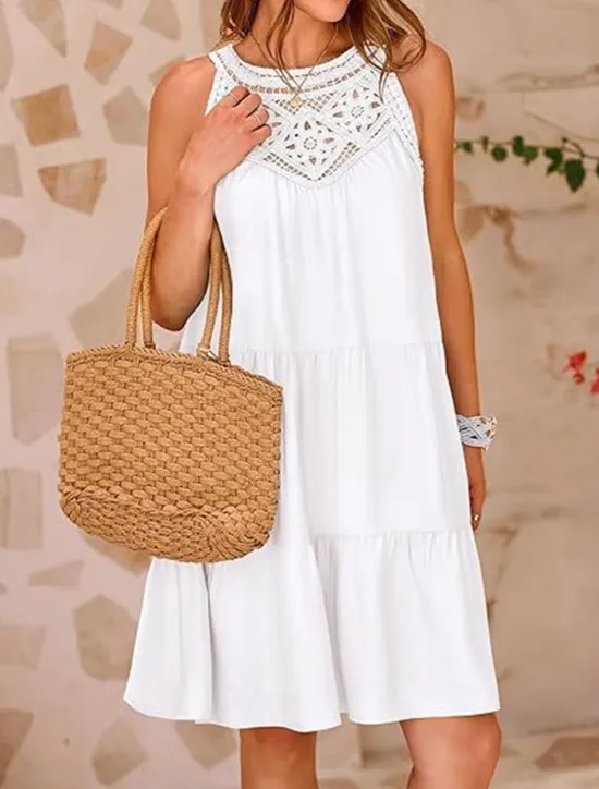 Hot Women's Casual Dress Mini Dress Lace Ruffle Date Streetwear V Neck Sleeveless Black White Red Color Women Sundresses