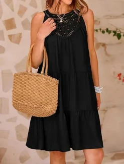 Hot Women's Casual Dress Mini Dress Lace Ruffle Date Streetwear V Neck Sleeveless Black White Red Color Women Sundresses