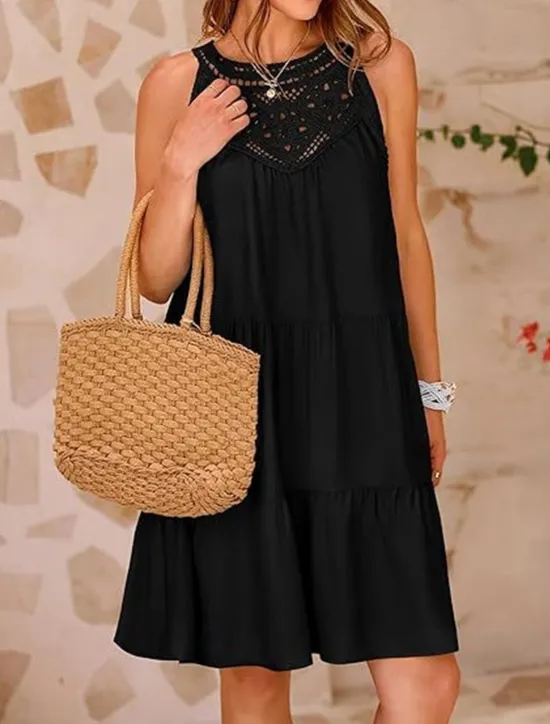 Hot Women's Casual Dress Mini Dress Lace Ruffle Date Streetwear V Neck Sleeveless Black White Red Color Women Sundresses