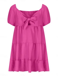 Sale Women's Casual Dress Mini Dress Bow Vacation Streetwear Basic Square Neck Half Sleeve Blue Fuchsia Apricot Color Women Cocktail Dress