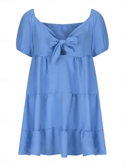 Sale Women's Casual Dress Mini Dress Bow Vacation Streetwear Basic Square Neck Half Sleeve Blue Fuchsia Apricot Color Women Cocktail Dress