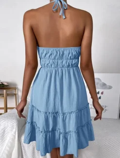 Hot Women's Casual Dress Mini Dress Backless Ruffle Hem Date Vacation Streetwear Basic Halter Neck Sleeveless Color Women Sundresses