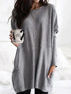 Discount Women's Casual Dress Mini Dress Pocket Casual Crew Neck Long Sleeve Red Navy Blue Gray Color Women T Shirt Dresses
