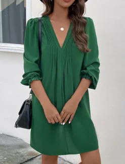 Hot Women's Casual Dress Mini Dress Ruched Casual V Neck Long Sleeve Color Women Work Dresses