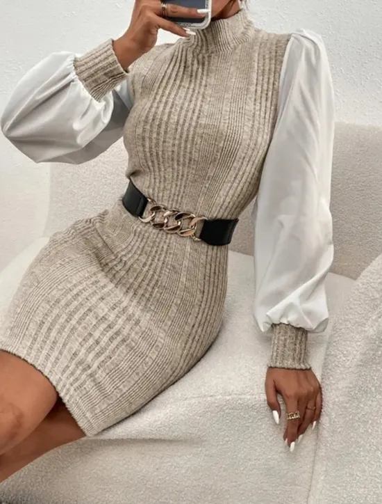 Online Women's Casual Dress Mini Dress Patchwork Casual Stand Collar Long Sleeve Brown Beige Color Women Work Dresses