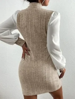 Online Women's Casual Dress Mini Dress Patchwork Casual Stand Collar Long Sleeve Brown Beige Color Women Work Dresses