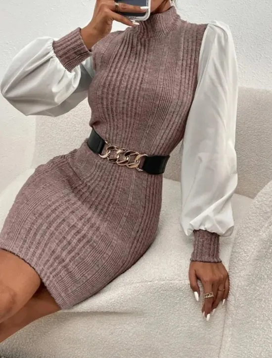 Online Women's Casual Dress Mini Dress Patchwork Casual Stand Collar Long Sleeve Brown Beige Color Women Work Dresses