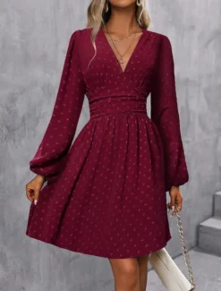 Women's Casual Dress Mini Dress Ruched Casual V Neck Long Sleeve Black Wine Army Green Color Women Cocktail Dress