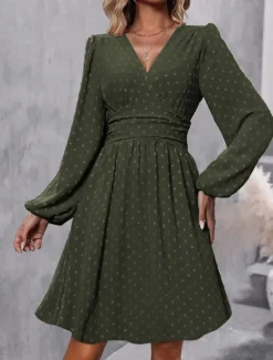 Women's Casual Dress Mini Dress Ruched Casual V Neck Long Sleeve Black Wine Army Green Color Women Cocktail Dress