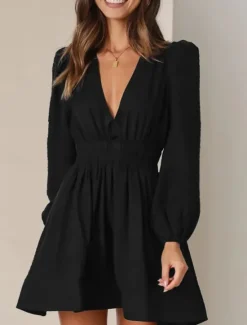 Discount Women's Casual Dress Mini Dress Ruched Casual V Neck Long Sleeve Black Green Apricot Color Women Work Dresses