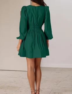 Discount Women's Casual Dress Mini Dress Ruched Casual V Neck Long Sleeve Black Green Apricot Color Women Work Dresses