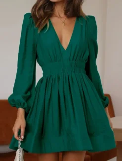 Discount Women's Casual Dress Mini Dress Ruched Casual V Neck Long Sleeve Black Green Apricot Color Women Work Dresses