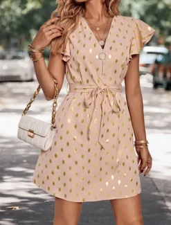 New Women's Casual Dress Polka Dot Zipper Print V Neck Mini Dress Stylish Casual Daily Date Short Sleeve Summer Women Work Dresses
