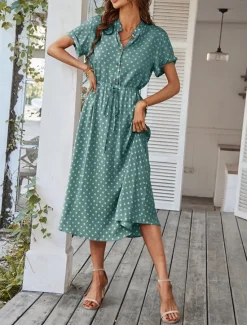 Online Women's Casual Dress Polka Dot Button Drawstring Shirt Collar Midi Dress Stylish Casual Daily Date Short Sleeve Summer Women Casual Dress