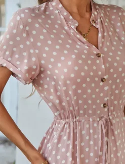 Online Women's Casual Dress Polka Dot Button Drawstring Shirt Collar Midi Dress Stylish Casual Daily Date Short Sleeve Summer Women Casual Dress