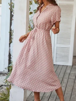 Online Women's Casual Dress Polka Dot Button Drawstring Shirt Collar Midi Dress Stylish Casual Daily Date Short Sleeve Summer Women Casual Dress
