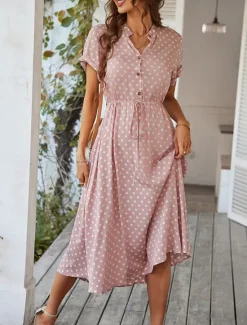 Online Women's Casual Dress Polka Dot Button Drawstring Shirt Collar Midi Dress Stylish Casual Daily Date Short Sleeve Summer Women Casual Dress
