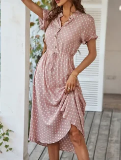 Online Women's Casual Dress Polka Dot Button Drawstring Shirt Collar Midi Dress Stylish Casual Daily Date Short Sleeve Summer Women Casual Dress
