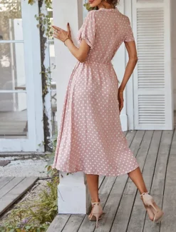 Online Women's Casual Dress Polka Dot Button Drawstring Shirt Collar Midi Dress Stylish Casual Daily Date Short Sleeve Summer Women Casual Dress