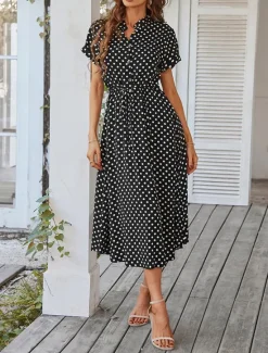 Online Women's Casual Dress Polka Dot Button Drawstring Shirt Collar Midi Dress Stylish Casual Daily Date Short Sleeve Summer Women Casual Dress