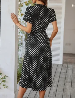 Online Women's Casual Dress Polka Dot Button Drawstring Shirt Collar Midi Dress Stylish Casual Daily Date Short Sleeve Summer Women Casual Dress