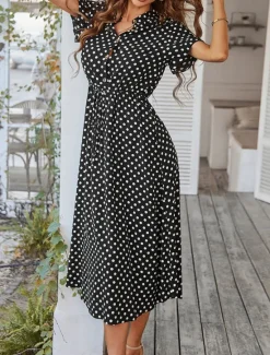 Online Women's Casual Dress Polka Dot Button Drawstring Shirt Collar Midi Dress Stylish Casual Daily Date Short Sleeve Summer Women Casual Dress