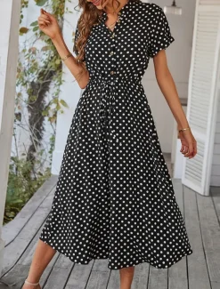 Online Women's Casual Dress Polka Dot Button Drawstring Shirt Collar Midi Dress Stylish Casual Daily Date Short Sleeve Summer Women Casual Dress