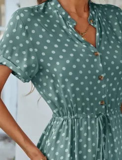 Online Women's Casual Dress Polka Dot Button Drawstring Shirt Collar Midi Dress Stylish Casual Daily Date Short Sleeve Summer Women Casual Dress