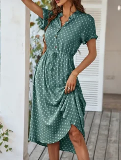 Online Women's Casual Dress Polka Dot Button Drawstring Shirt Collar Midi Dress Stylish Casual Daily Date Short Sleeve Summer Women Casual Dress