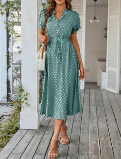 Online Women's Casual Dress Polka Dot Button Drawstring Shirt Collar Midi Dress Stylish Casual Daily Date Short Sleeve Summer Women Casual Dress