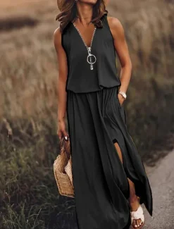 New Women's Casual Dress Pure Color Zipper Pocket V Neck Maxi long Dress Basic Casual Daily Sleeveless Summer Spring Women Spring Dresses|Casual Dress