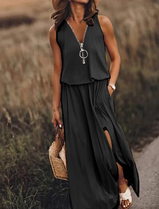 New Women's Casual Dress Pure Color Zipper Pocket V Neck Maxi long Dress Basic Casual Daily Sleeveless Summer Spring Women Spring Dresses|Casual Dress