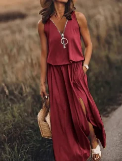 New Women's Casual Dress Pure Color Zipper Pocket V Neck Maxi long Dress Basic Casual Daily Sleeveless Summer Spring Women Spring Dresses|Casual Dress