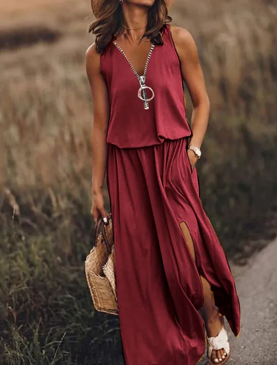 New Women's Casual Dress Pure Color Zipper Pocket V Neck Maxi long Dress Basic Casual Daily Sleeveless Summer Spring Women Spring Dresses|Casual Dress