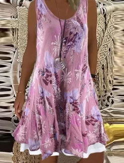 Hot Women's Casual Dress Shift Dress Mini Dress Gray Sleeveless Floral Fake two piece Summer Spring Crew Neck Elegant 2023 5XL Women Floral Dresses|Spring Dresses