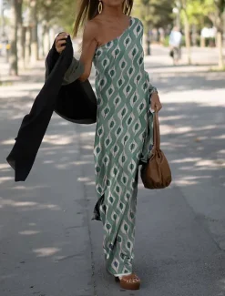 Hot Women's Casual Dress Shift Dress Geometric Print One Shoulder Maxi long Dress Casual Daily Vacation Long Sleeve Summer Spring Women Vacation Dresses