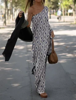 Hot Women's Casual Dress Shift Dress Geometric Print One Shoulder Maxi long Dress Casual Daily Vacation Long Sleeve Summer Spring Women Vacation Dresses