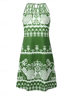 Sale Women's Casual Dress Shift Dress Mini Dress Green Dark Blue Sleeveless Floral Ruched Spring Summer Halter Vintage Birthday Daily Ethnic Dress 2023 S M L XL XXL 3XL Women Sundresses