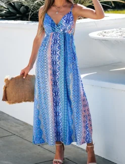 Women's Casual Dress Slip Dress Floral Geometric Backless Print Strap Long Dress Maxi Dress Boho Vacation Sleeveless Summer Women Vacation Dresses