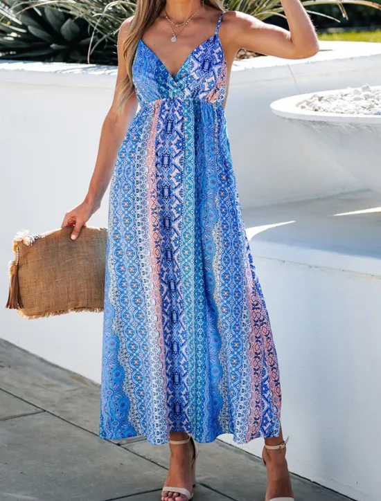Women's Casual Dress Slip Dress Floral Geometric Backless Print Strap Long Dress Maxi Dress Boho Vacation Sleeveless Summer Women Vacation Dresses