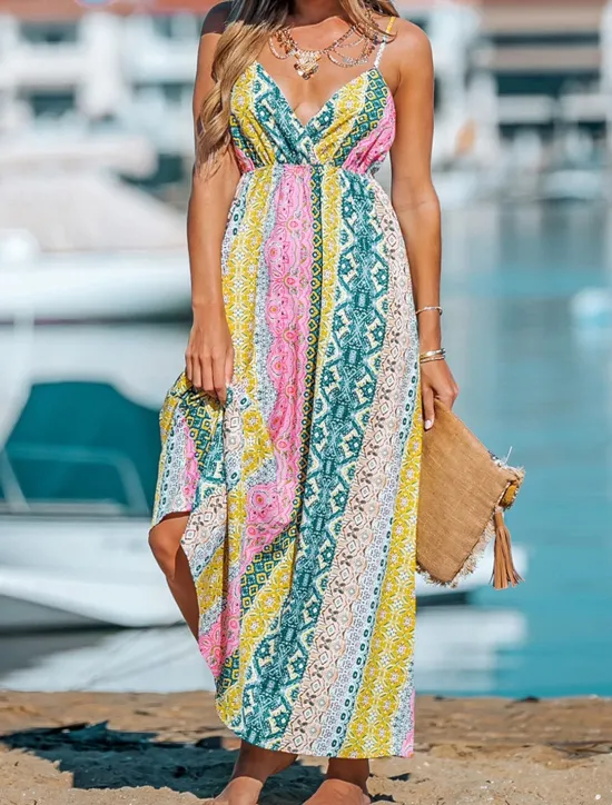 Women's Casual Dress Slip Dress Floral Geometric Backless Print Strap Long Dress Maxi Dress Boho Vacation Sleeveless Summer Women Vacation Dresses