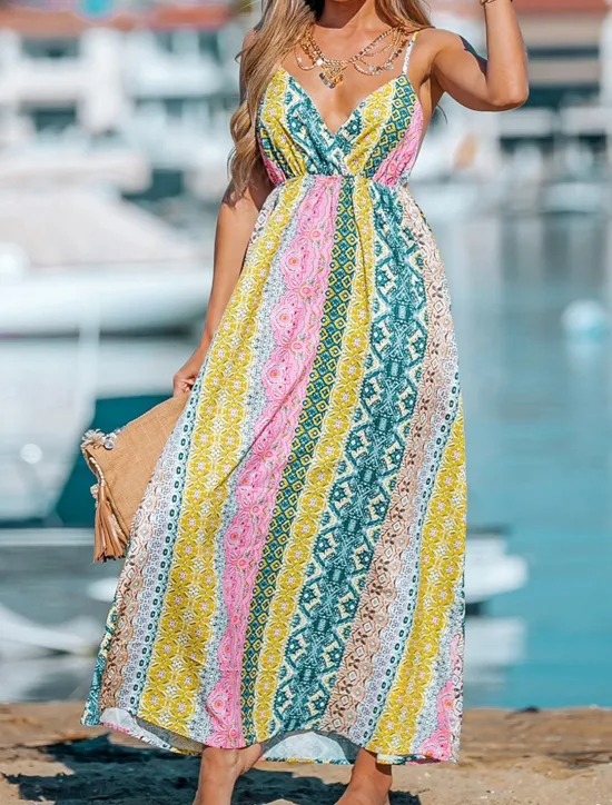 Women's Casual Dress Slip Dress Floral Geometric Backless Print Strap Long Dress Maxi Dress Boho Vacation Sleeveless Summer Women Vacation Dresses