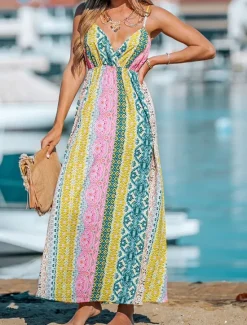 Women's Casual Dress Slip Dress Floral Geometric Backless Print Strap Long Dress Maxi Dress Boho Vacation Sleeveless Summer Women Vacation Dresses