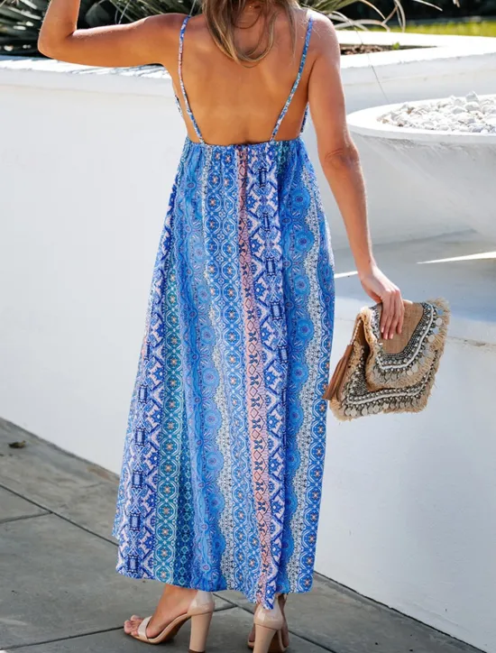 Women's Casual Dress Slip Dress Floral Geometric Backless Print Strap Long Dress Maxi Dress Boho Vacation Sleeveless Summer Women Vacation Dresses