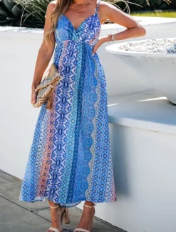 Women's Casual Dress Slip Dress Floral Geometric Backless Print Strap Long Dress Maxi Dress Boho Vacation Sleeveless Summer Women Vacation Dresses