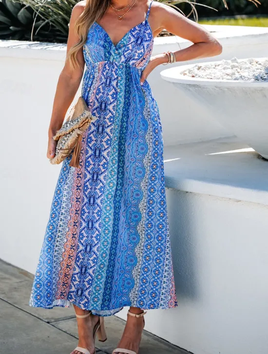 Women's Casual Dress Slip Dress Floral Geometric Backless Print Strap Long Dress Maxi Dress Boho Vacation Sleeveless Summer Women Vacation Dresses