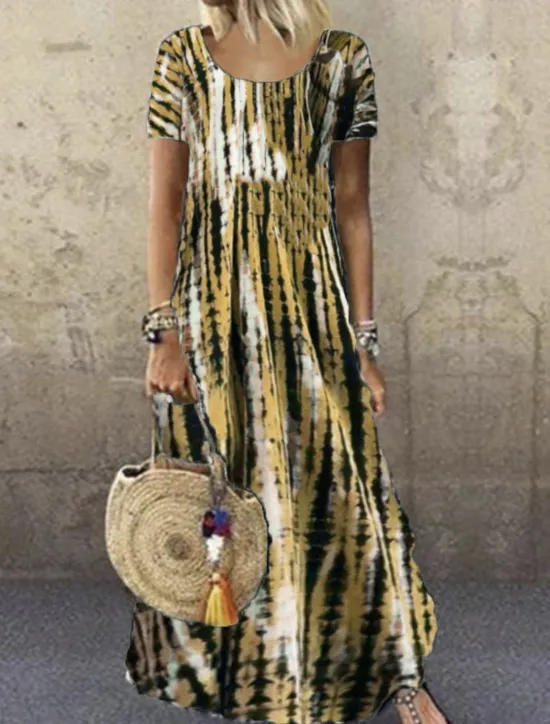 Clearance Women's Casual Dress Stripe Print Crew Neck Long Dress Maxi Dress Bohemia Boho Vacation Short Sleeve Summer Women Spring Dresses