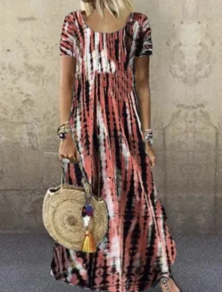 Clearance Women's Casual Dress Stripe Print Crew Neck Long Dress Maxi Dress Bohemia Boho Vacation Short Sleeve Summer Women Spring Dresses