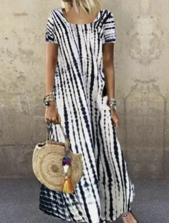 Clearance Women's Casual Dress Stripe Print Crew Neck Long Dress Maxi Dress Bohemia Boho Vacation Short Sleeve Summer Women Spring Dresses